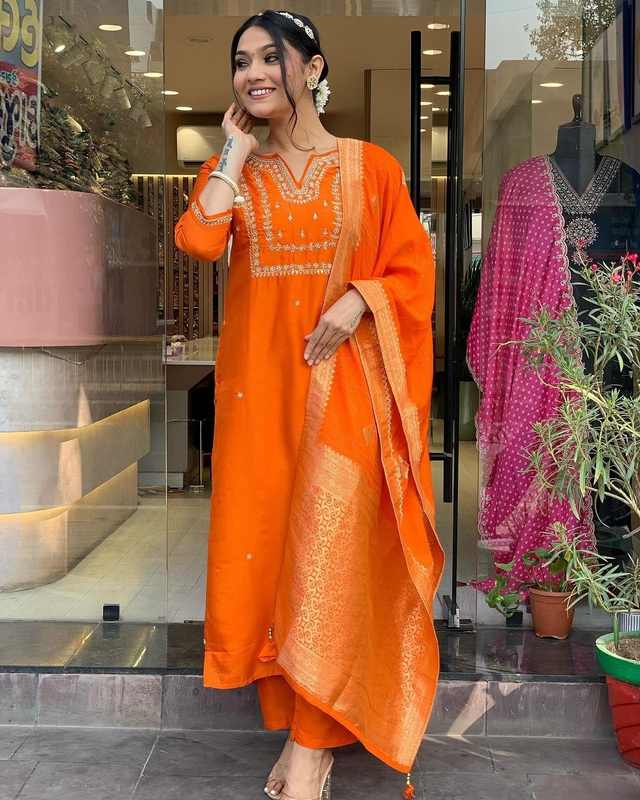 Women's Orange Viscose Chanderi Embroidery Straight Kurta Pant With Dupatta