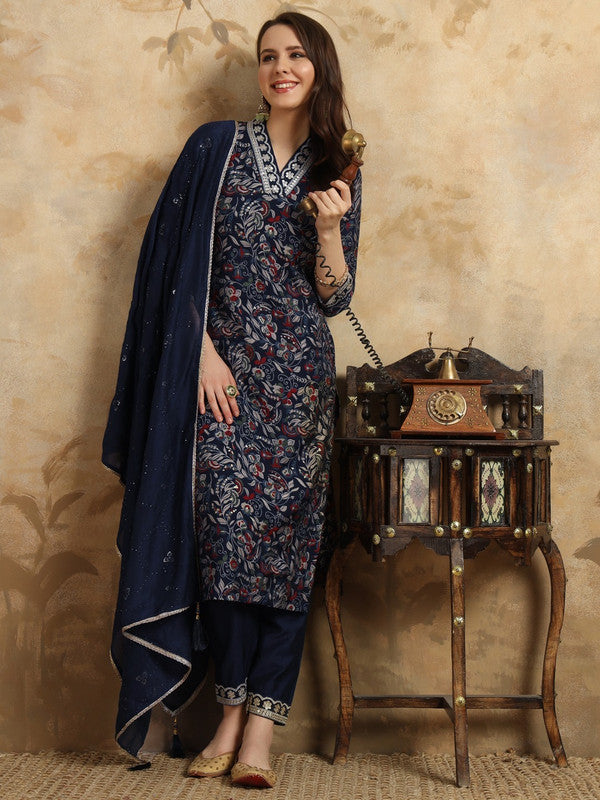 Women's Navy Blue Viscose Chanderi Embroidery Straight Kurta Pant With Dupatta