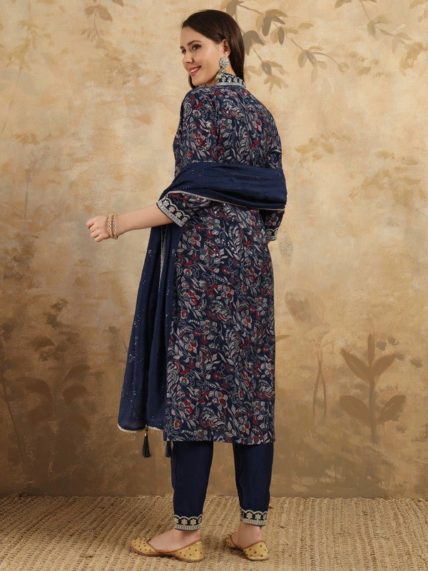 Women's Navy Blue Viscose Chanderi Embroidery Straight Kurta Pant With Dupatta