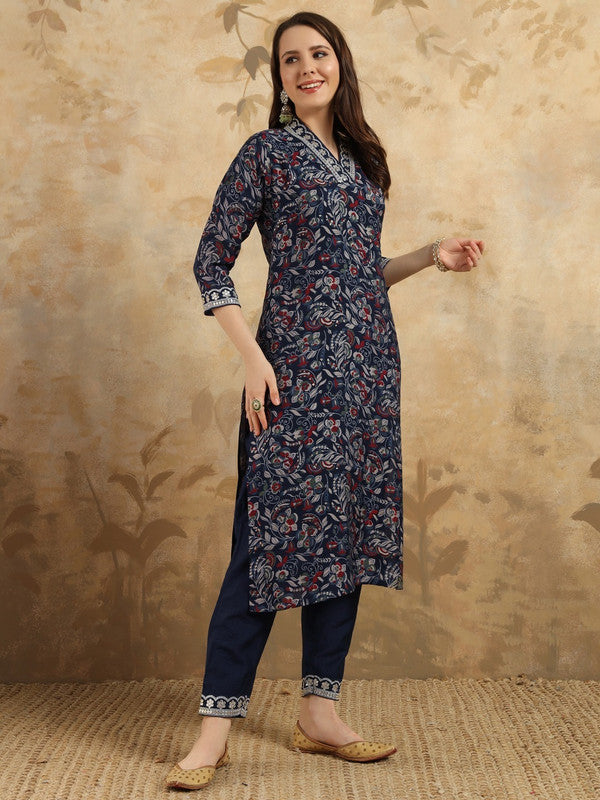 Women's Navy Blue Viscose Chanderi Embroidery Straight Kurta Pant With Dupatta