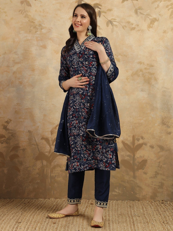 Women's Navy Blue Viscose Chanderi Embroidery Straight Kurta Pant With Dupatta