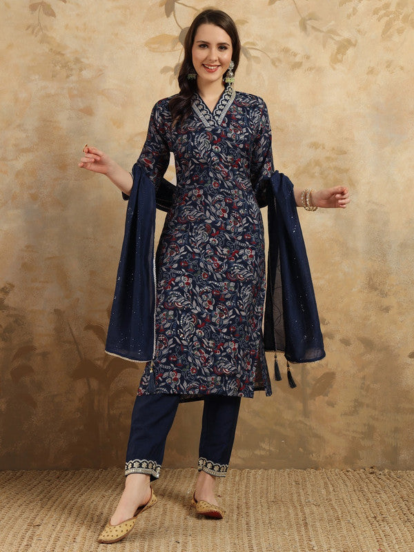 Women's Navy Blue Viscose Chanderi Embroidery Straight Kurta Pant With Dupatta