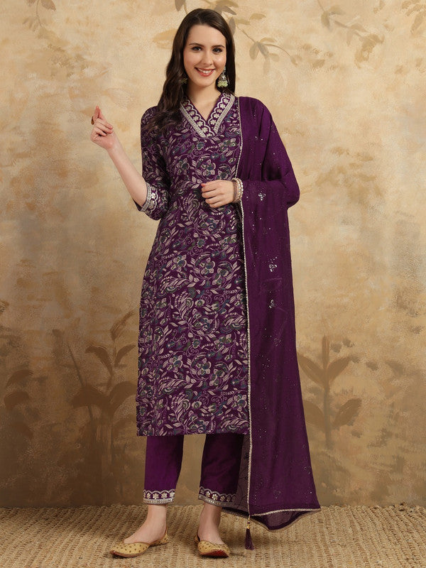 Women's Purple Viscose Chanderi Embroidery Straight Kurta Pant With Dupatta