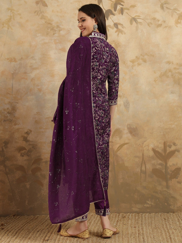 Women's Purple Viscose Chanderi Embroidery Straight Kurta Pant With Dupatta