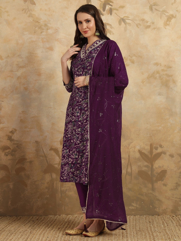 Women's Purple Viscose Chanderi Embroidery Straight Kurta Pant With Dupatta