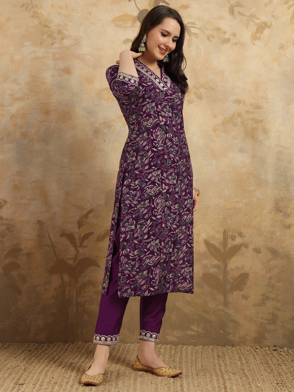 Women's Purple Viscose Chanderi Embroidery Straight Kurta Pant With Dupatta