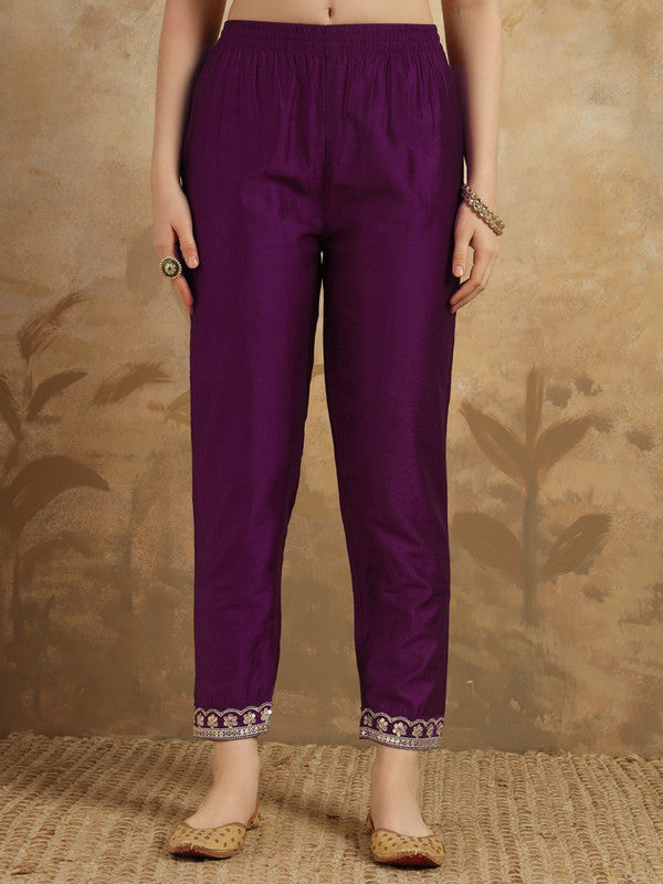 Women's Purple Viscose Chanderi Embroidery Straight Kurta Pant With Dupatta