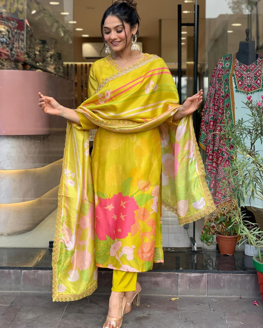 Women's Yellow Crepe Embroidery Straight Kurta Pant With Dupatta