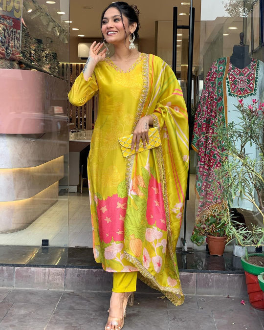 Women's Yellow Crepe Embroidery Straight Kurta Pant With Dupatta