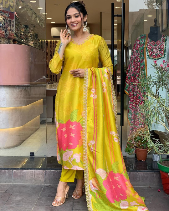 Women's Yellow Crepe Embroidery Straight Kurta Pant With Dupatta