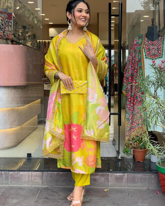 Women's Yellow Crepe Embroidery Straight Kurta Pant With Dupatta