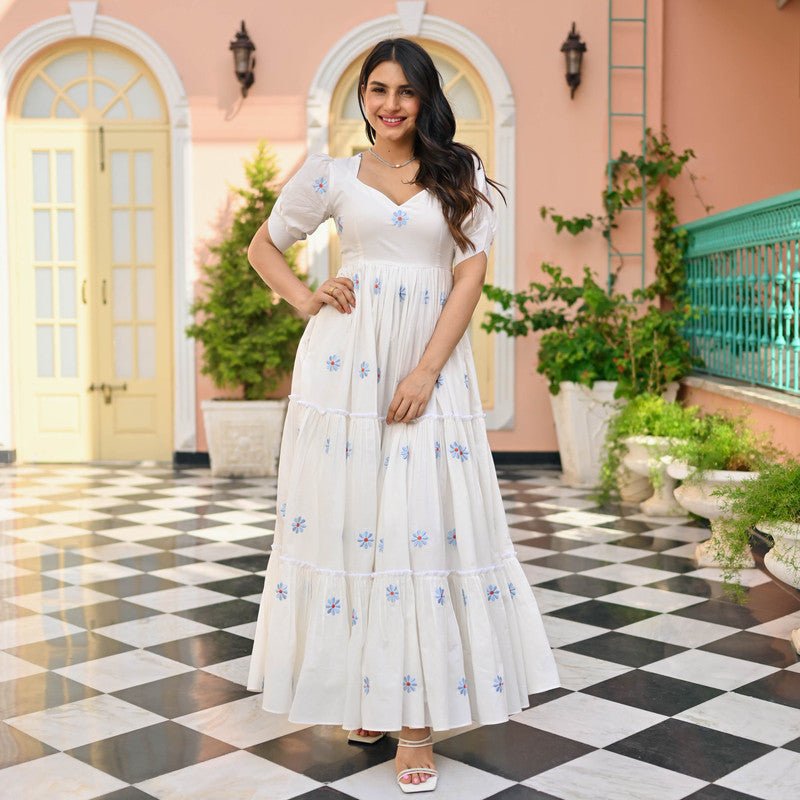 Women's White Cotton Rayon Embroidery Fully Stiched Anarkali Gown