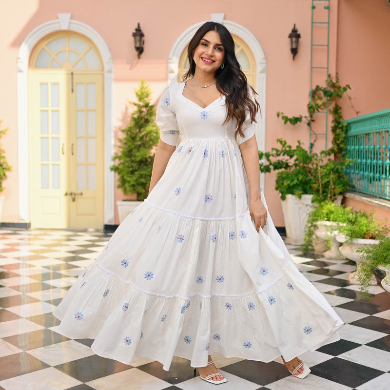 Women's White Cotton Rayon Embroidery Fully Stiched Anarkali Gown