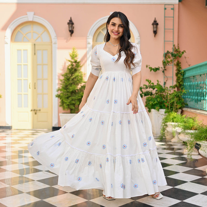 Women's White Cotton Rayon Embroidery Fully Stiched Anarkali Gown