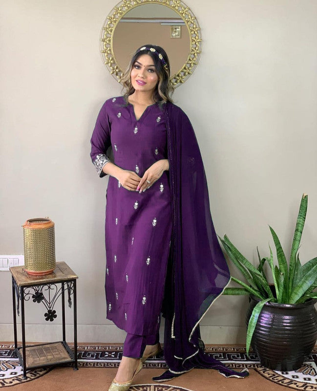 Women's Purple Rayon Slub Embroidery Straight Kurta Pant With Dupatta