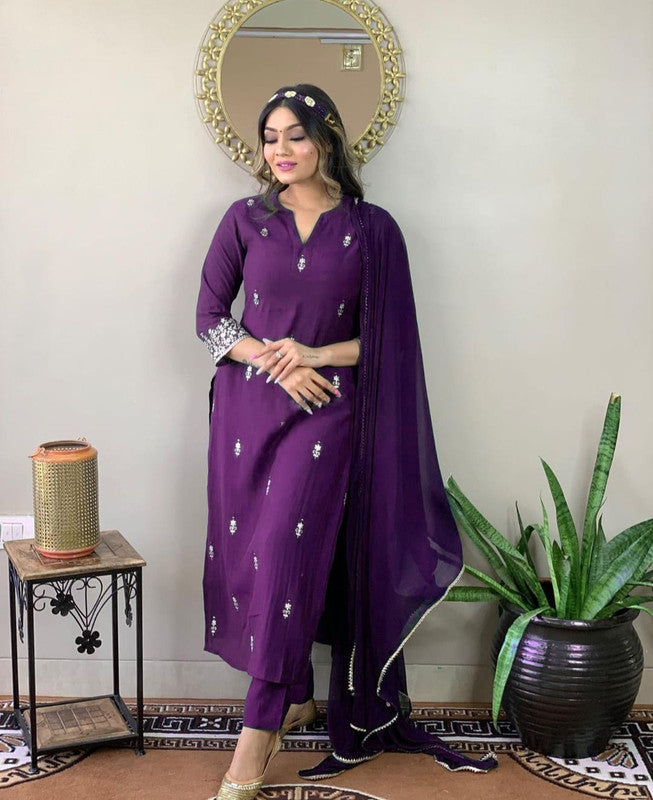 Women's Purple Rayon Slub Embroidery Straight Kurta Pant With Dupatta