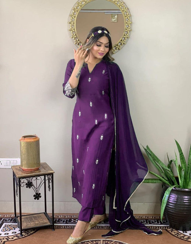 Women's Purple Rayon Slub Embroidery Straight Kurta Pant With Dupatta