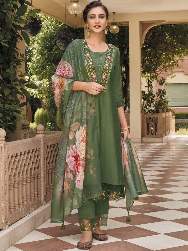 Women's Green Muslin Embroidery Straight Kurta Pant With Dupatta