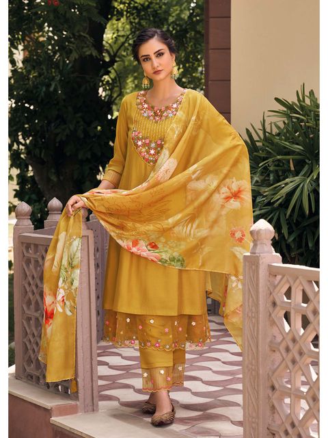 Women's Yellow Muslin Embroidery Straight Kurta Pant With Dupatta