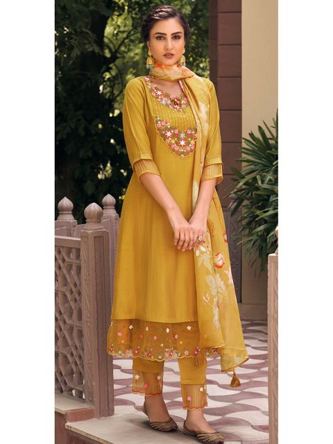 Women's Yellow Muslin Embroidery Straight Kurta Pant With Dupatta