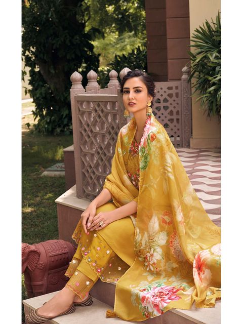 Women's Yellow Muslin Embroidery Straight Kurta Pant With Dupatta