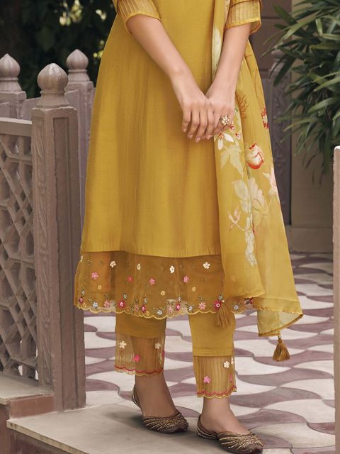 Women's Yellow Muslin Embroidery Straight Kurta Pant With Dupatta