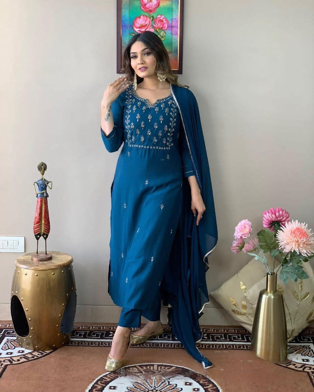 Women's Blue Rayon Slub Embroidery Straight Kurta Pant With Dupatta