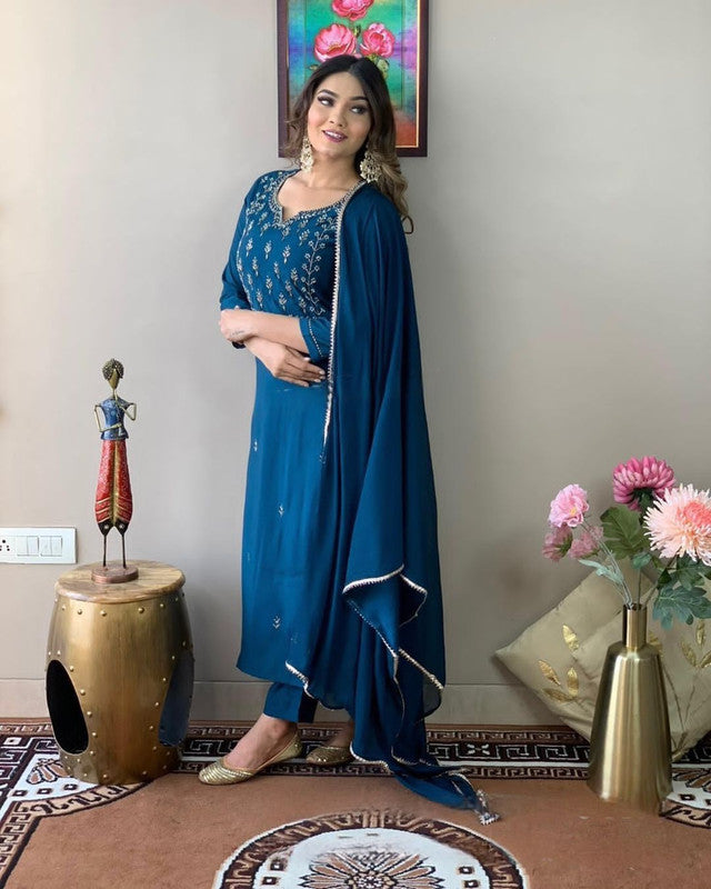 Women's Blue Rayon Slub Embroidery Straight Kurta Pant With Dupatta