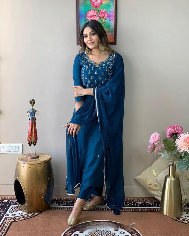 Women's Blue Rayon Slub Embroidery Straight Kurta Pant With Dupatta