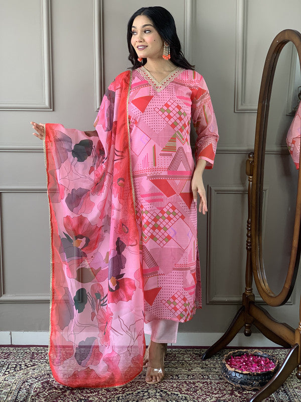 Women's Pink Viscose Chanderi Embroidery Straight Kurta Pant With Dupatta