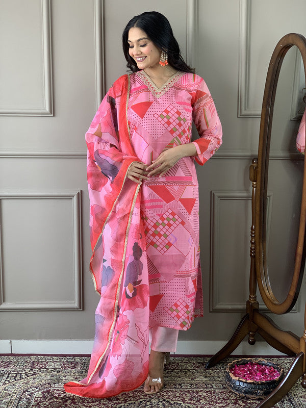 Women's Pink Viscose Chanderi Embroidery Straight Kurta Pant With Dupatta