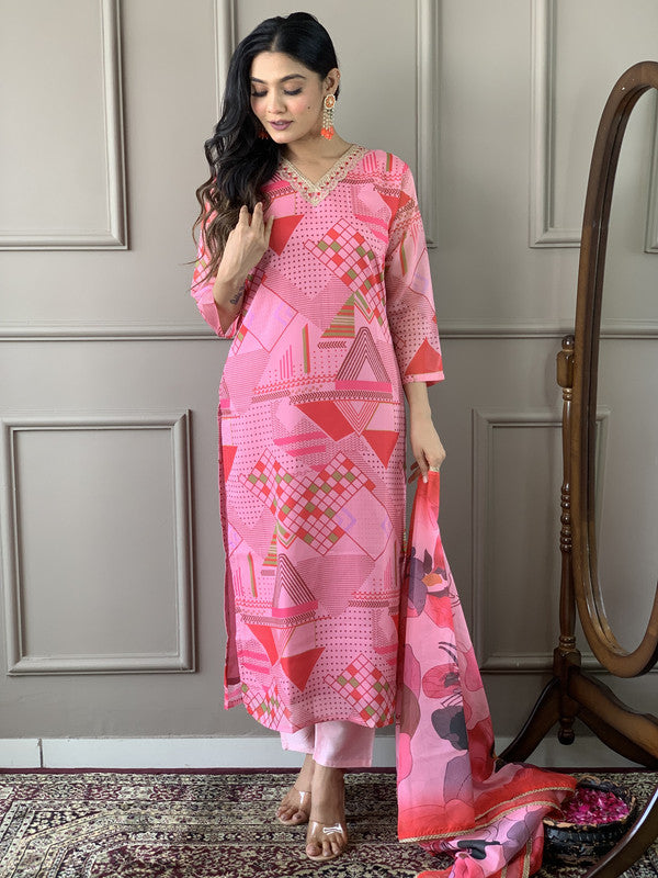 Women's Pink Viscose Chanderi Embroidery Straight Kurta Pant With Dupatta