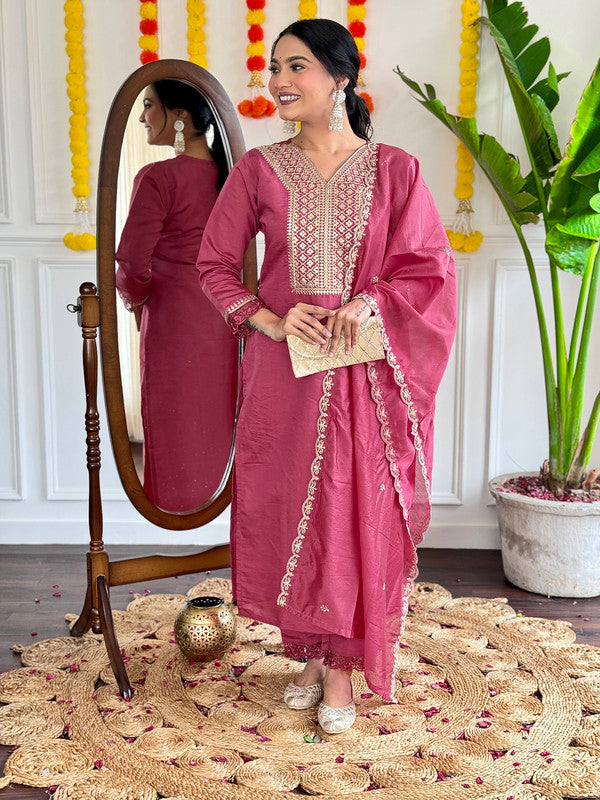 Women's Peach Viscose Chanderi Embroidery Straight Kurta Pant With Dupatta