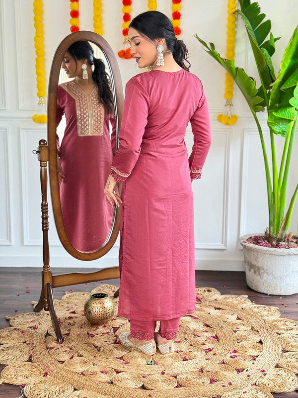 Women's Peach Viscose Chanderi Embroidery Straight Kurta Pant With Dupatta