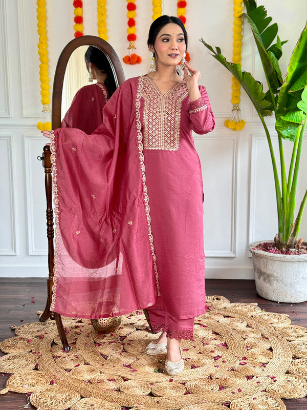 Women's Peach Viscose Chanderi Embroidery Straight Kurta Pant With Dupatta