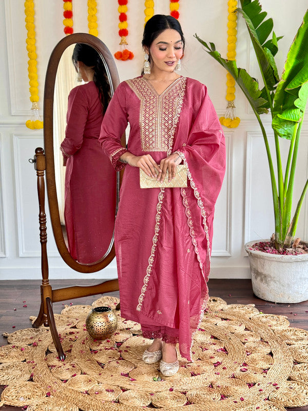 Women's Peach Viscose Chanderi Embroidery Straight Kurta Pant With Dupatta