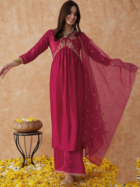 Women's Pink Vichitra Silk Embroidery Straight Kurta Pant With Dupatta