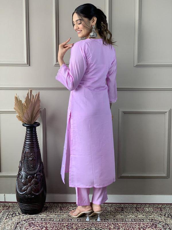 Women's Lavender Viscose Chanderi Embroidery Straight Kurta Pant With Dupatta