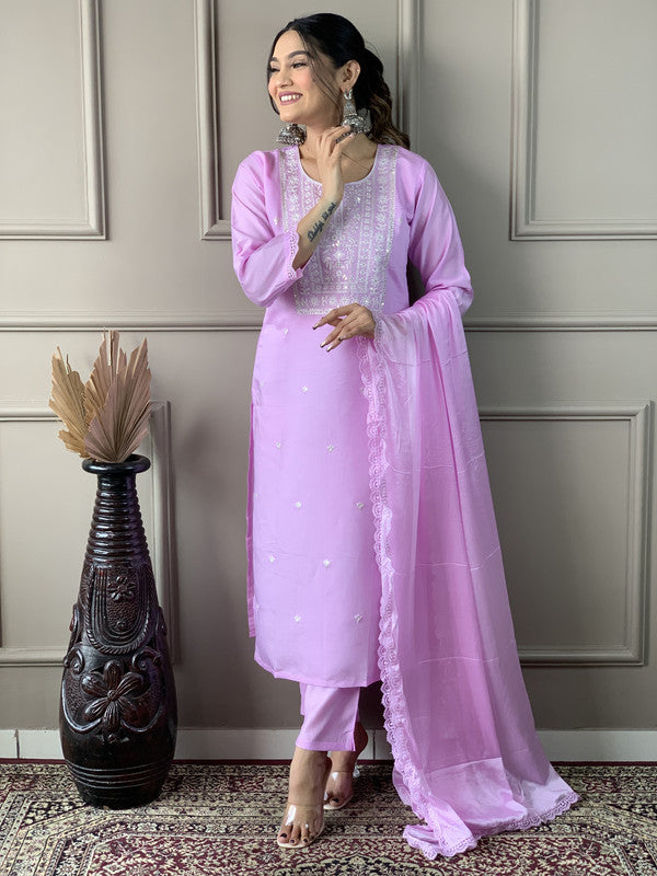 Women's Lavender Viscose Chanderi Embroidery Straight Kurta Pant With Dupatta