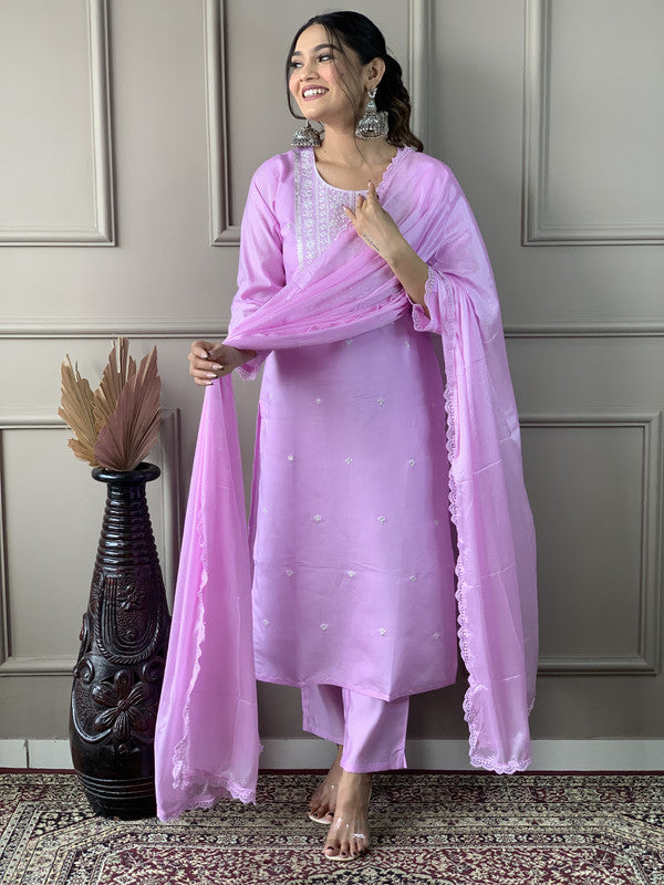 Women's Lavender Viscose Chanderi Embroidery Straight Kurta Pant With Dupatta