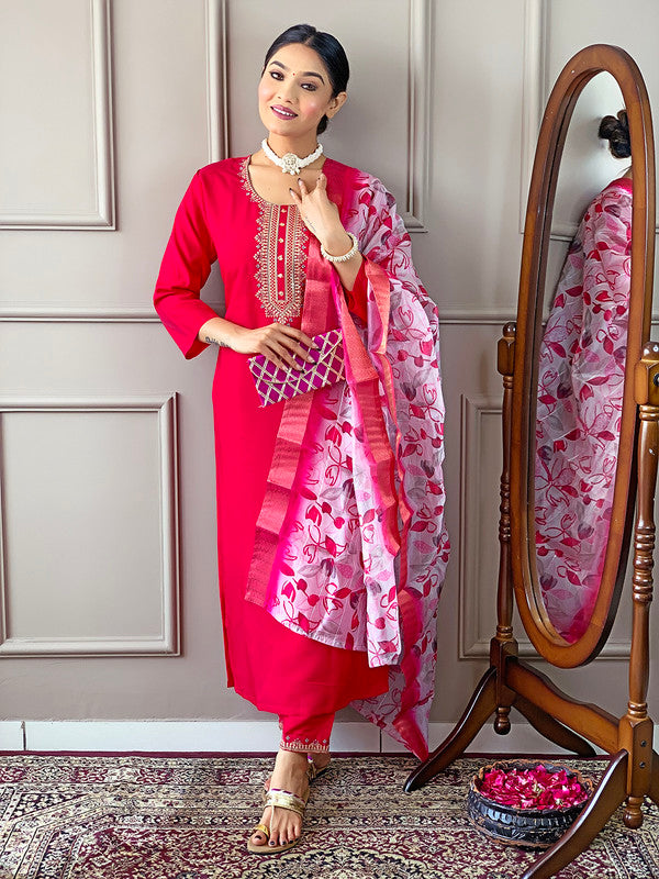 Women's Pink Viscose Chanderi Embroidery Straight Kurta Pant With Dupatta