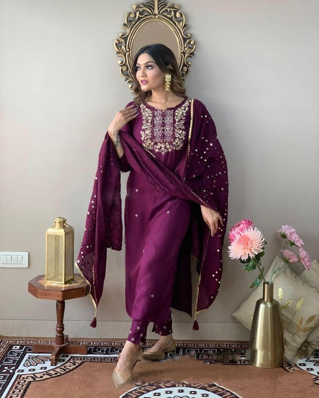 Women's Wine Rayon Slub Embroidery Straight Kurta Pant With Dupatta