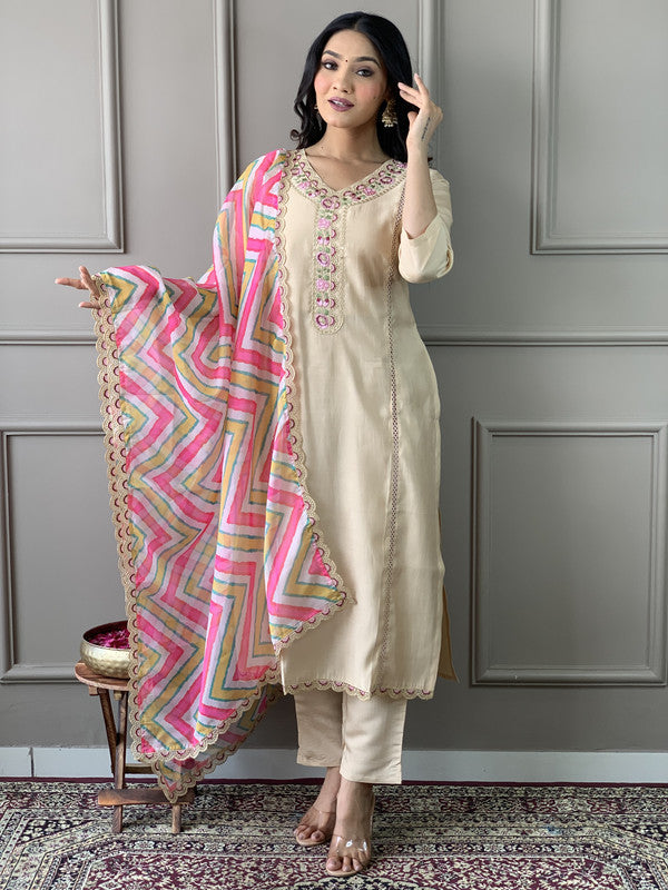 Women's Chiku Viscose Chanderi Embroidery Straight Kurta Pant With Dupatta