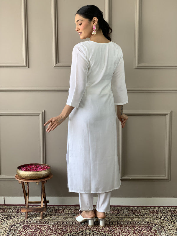 Women's White Viscose Chanderi Embroidery Straight Kurta Pant With Dupatta