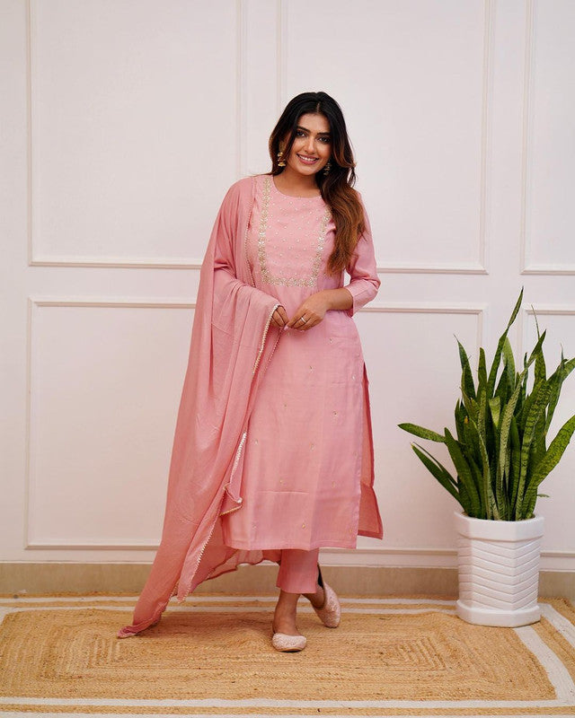 Women's Peach Rayon Slub Embroidery Straight Kurta Pant With Dupatta