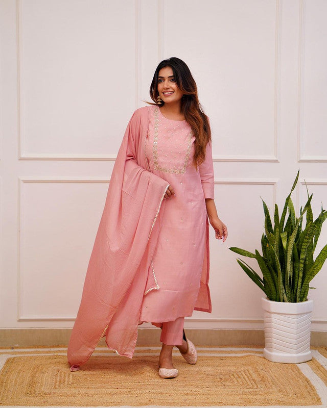 Women's Peach Rayon Slub Embroidery Straight Kurta Pant With Dupatta