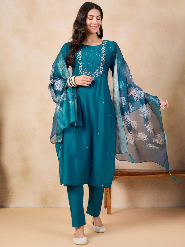 Women's Petrol Blue Viscose Chanderi Embroidery Straight Kurta Pant With Dupatta