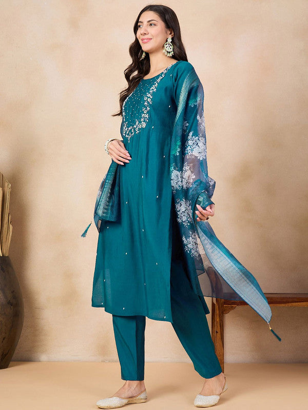 Women's Petrol Blue Viscose Chanderi Embroidery Straight Kurta Pant With Dupatta