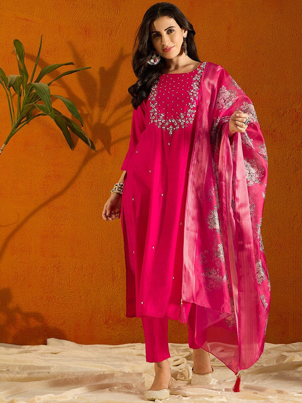 Women's Pink Viscose Chanderi Embroidery Straight Kurta Pant With Dupatta