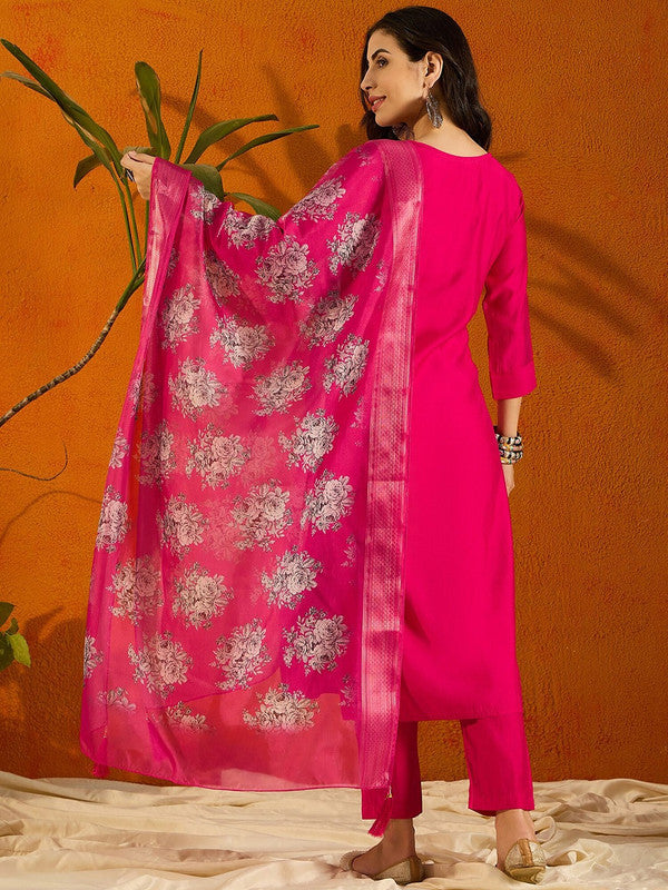 Women's Pink Viscose Chanderi Embroidery Straight Kurta Pant With Dupatta